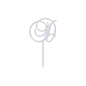 Elegant D monogram cake topper with swirl script design, laser-cut for precision. Crafted in aluminum with a natural aluminum finish, measuring 6.5 inches wide by 11.5 inches high.